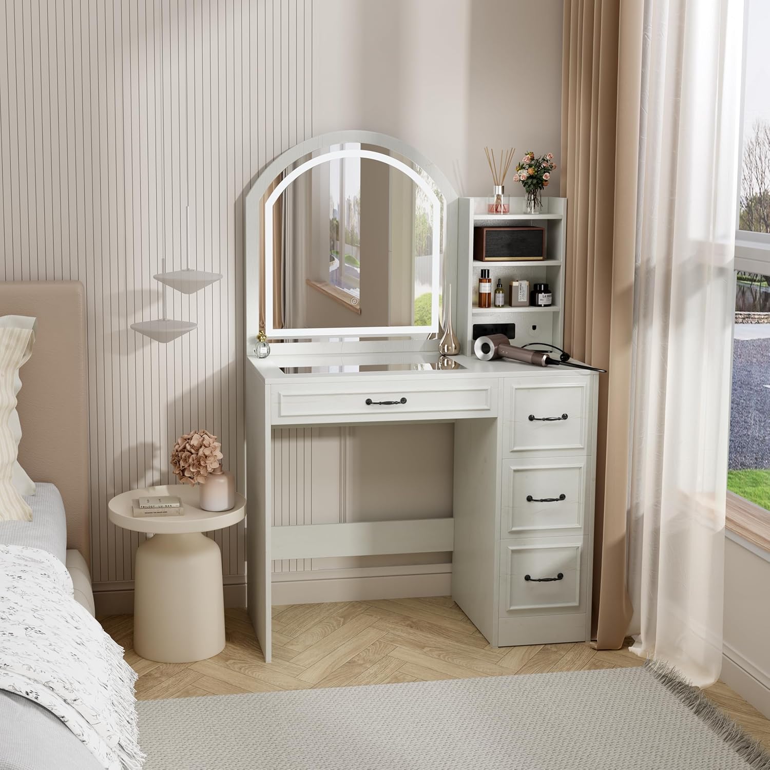Home Outlet Bathroom - โต๊ะเครื่องแป้งสไตล์โมเดิร์นพร้อมกระจกมีไฟ, ท็อปกระจก, 4 ลิ้นชัก และเต้าเสียบไฟฟ้าสำหรับห้องนอนและห้องน้ำ, ปรับแต่งได้