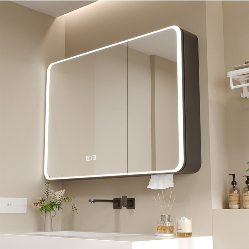 Bathroom Mirror Led - ตู้กระจกห้องน้ำ LED อะลูมิเนียมทรงโค้ง ชั้นวางของอัจฉริยะ ช่องใส่กระดาษทิชชู่ เซ็นเซอร์สัมผัส