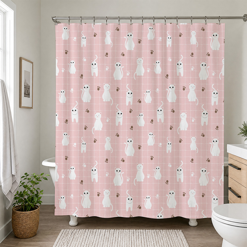 Adorable Home Bathroom Ideas - ม่านอาบน้ำกันน้ำลายแมวน่ารัก สีชมพู สำหรับห้องน้ำ ตกแต่งบ้านด้วยลายคิตตี้สุดน่ารัก ของขวัญที่น่าสนใจ