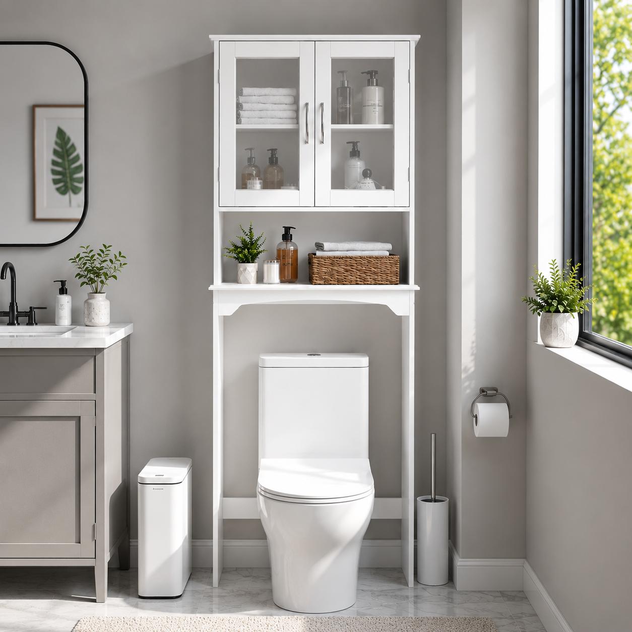 Home Essentials Bathroom Cabinet - ตู้เก็บของเหนือโถสุขภัณฑ์แบบทันสมัย ประหยัดพื้นที่ในห้องน้ำ พร้อมชั้นวางปรับระดับได้ ประตูกระจกนิรภัย ชั้นวางแบบเปิด สีขาว