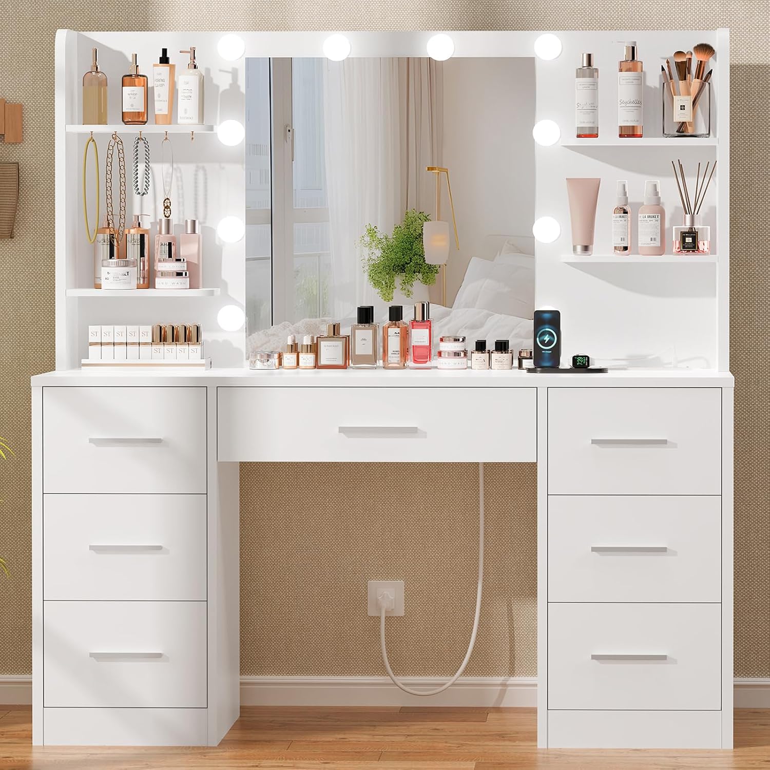 Home Outlet Bathroom - โต๊ะเครื่องแป้งขนาดใหญ่พร้อมกระจกไฟ LED ปลั๊กไฟ 7 ลิ้นชัก 4