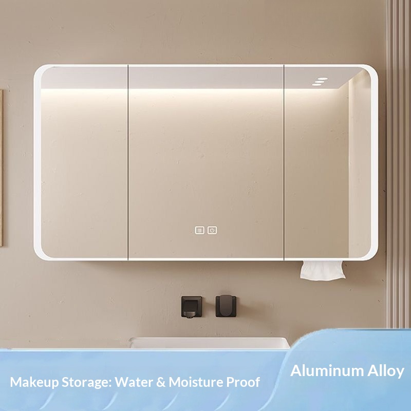 Bathroom Mirror Led - ตู้กระจกห้องน้ำ LED อัจฉริยะติดผนัง ป้องกันฝ้า พร้อมที่เก็บของสำหรับแต่งหน้า ทำจากอะลูมิเนียมเกรดอากาศยาน