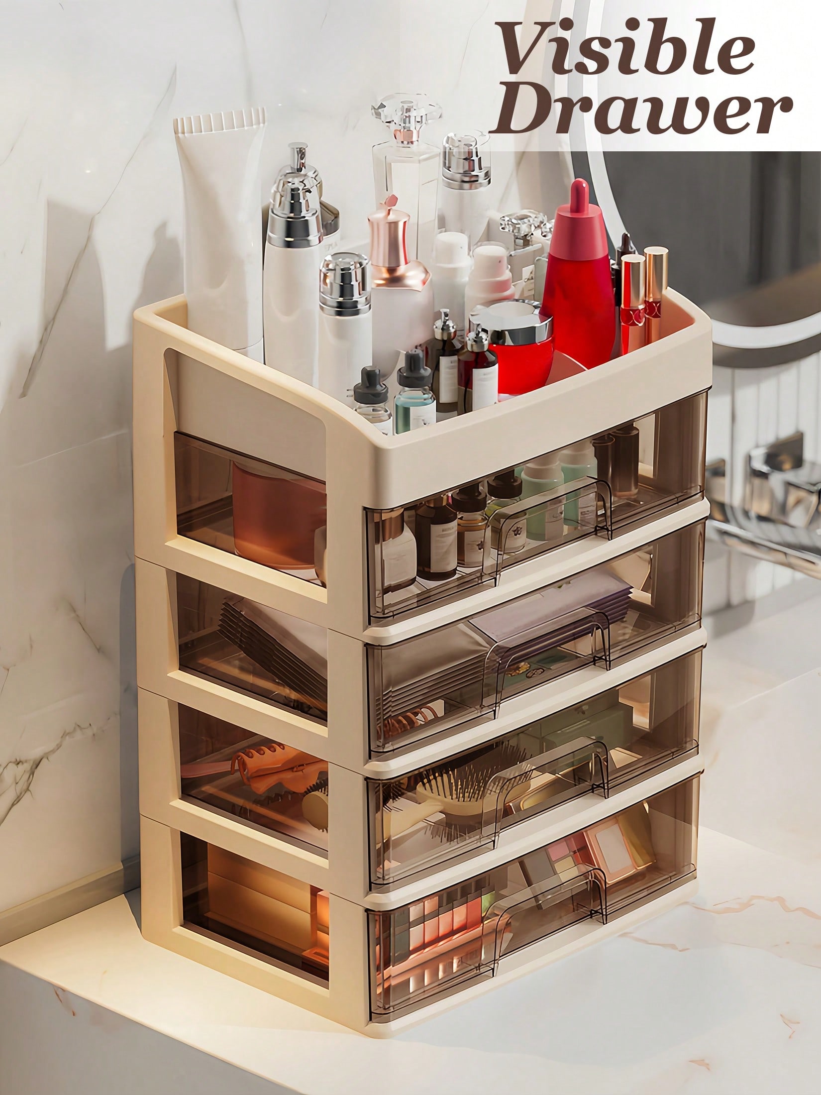 Home Essentials Bathroom Cabinet - ที่จัดระเบียบเครื่องสำอาง, ลิ้นชักเก็บเครื่องสำอาง, ที่จัดระเบียบเคาน์เตอร์ในห้องน้ำแบบพลาสติก ที่จัดระเบียบเครื่องสำอางแบบใสสำหรับโต๊ะเครื่องแป้ง เหมาะสำหรับตู้ครัว ห้องน้ำ