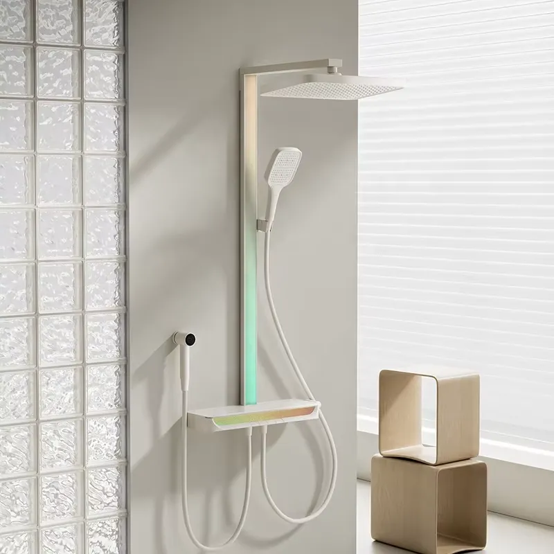 Home In Bathroom - ชุดฝักบัวดิจิตอลแบบติดผนัง วัสดุทองเหลือง พร้อมระบบนวดอัจฉริยะ ควบคุมอุณหภูมิด้วยเทอร์โมสตัท ดีไซน์หรูหรา สำหรับห้องน้ำ