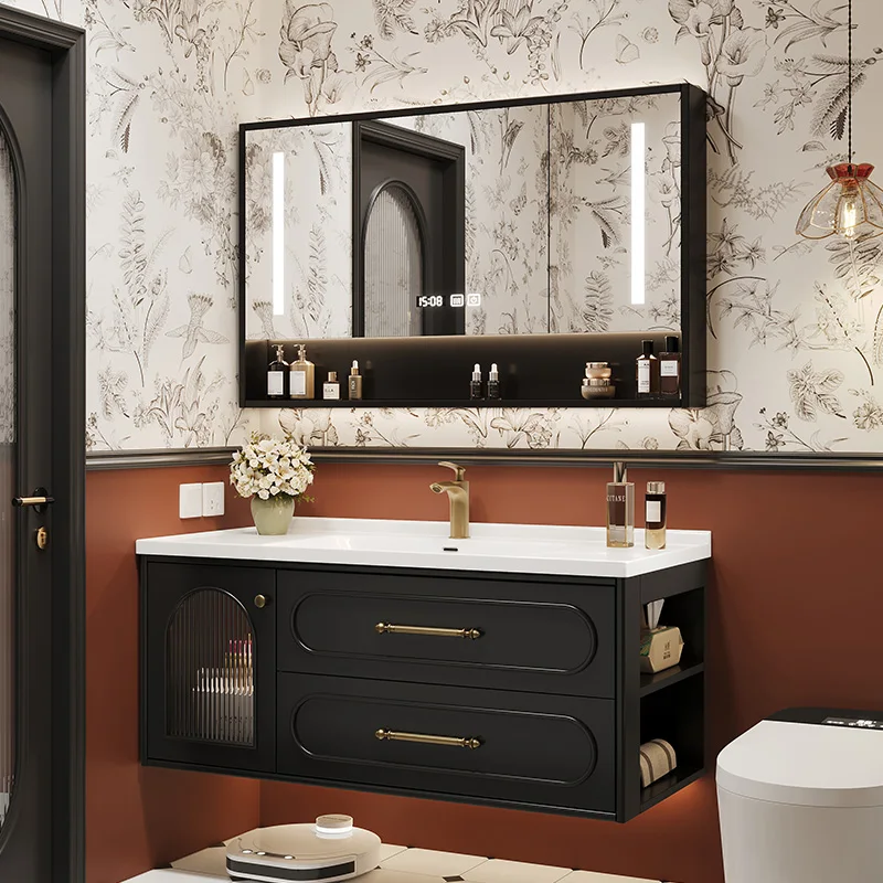 Home Bathroom Vanity Combo - ตู้ห้องน้ำหรูหราสไตล์ฝรั่งเศส เซรามิก อ่างล้างหน้า ตู้ห้องน้ำสไตล์วินเทจ ตู้ห้องน้ำสีดำ ตู้อาบน้ำ