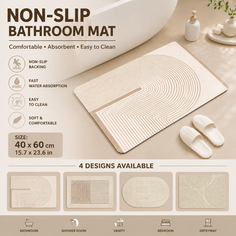 Non Slip Bath Mat - พรมเช็ดเท้าไดอะตอมไมต์ลายทางสีเบจ แห้งเร็ว ดูดซับน้ำได้ดี พร้อมแผ่นรองกันลื่นสำหรับทางเข้าห้องน้ำ