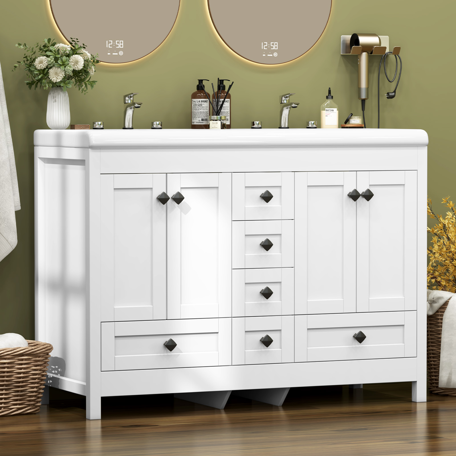 Home Bathroom Vanity Combo - ตู้ห้องน้ำสีขาวขนาด 47.3 นิ้ว พร้อมอ่างล้างหน้าคู่เซรามิก ตู้แบบตั้งพื้นพร้อมบานประตูและลิ้นชัก ตู้เก็บของห้องน้ำสไตล์โมเดิร์นพร้อมอ่างล้างหน้าในตัว
