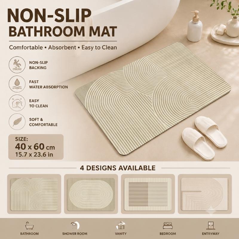 Non Slip Bath Mat - แผ่นรองพื้นห้องน้ำไดอะตอมไมต์ แห้งเร็ว ดูดซับน้ำได้ดี สีเบจลายทาง พร้อมแผ่นรองกันลื่นสำหรับประตูห้องน้ำและพื้นห้องอาบน้ำ