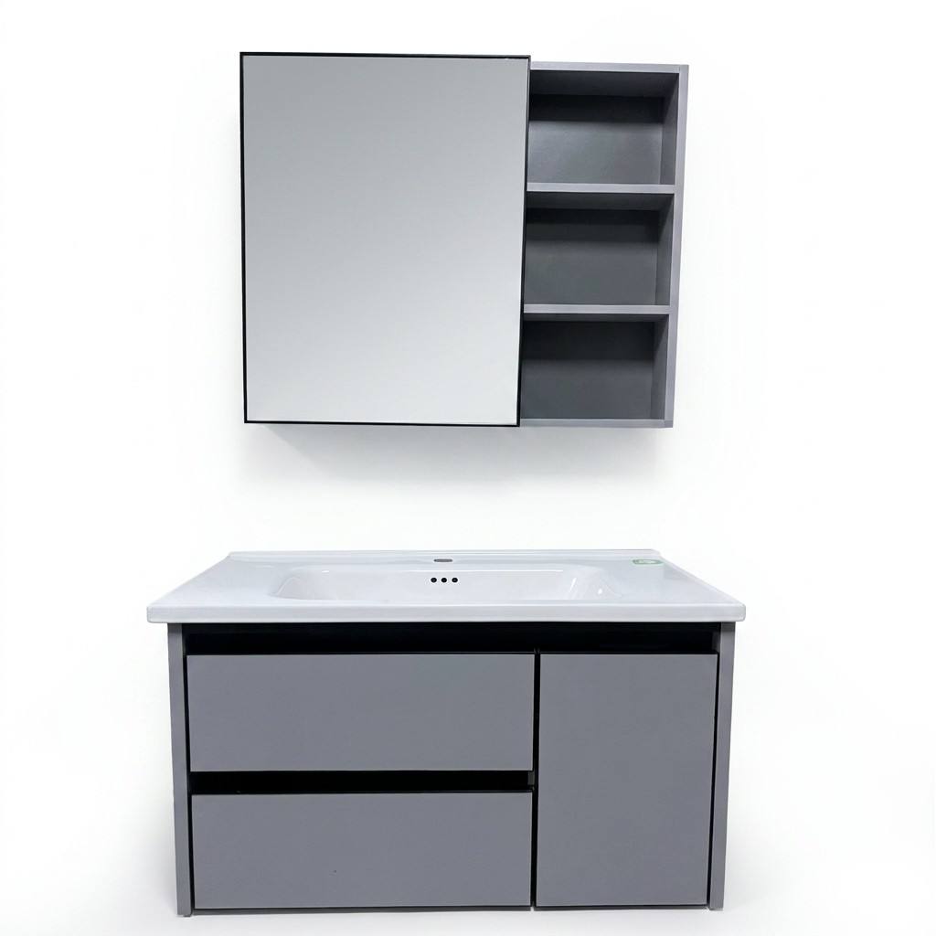 Home Bathroom Vanity Combo - ตู้ห้องน้ำแบบติดผนังทันสมัยเป็นมิตรกับสิ่งแวดล้อม พร้อมกระจกและอ่างเซรามิก กันน้ำ เหมาะสำหรับวิลล่า