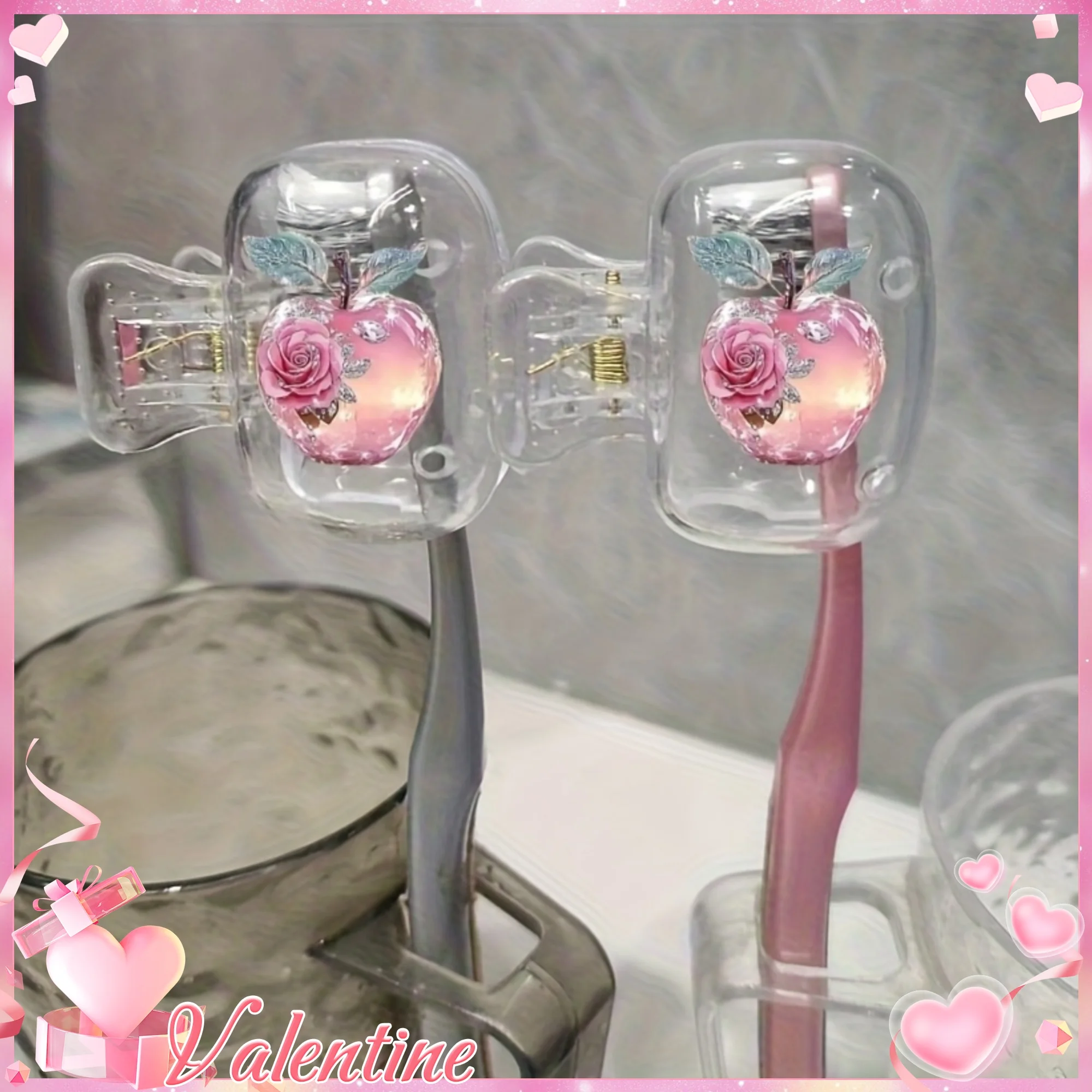 Home Essentials Bathroom Accessories - ฝาครอบหัวแปรงสีฟันแบบพกพา 2 ชิ้น ลายดอกกุหลาบในแอปเปิ้ล อุปกรณ์ห้องน้ำที่จำเป็นสำหรับการเดินทางทั้งที่บ้านและที่ทำงาน