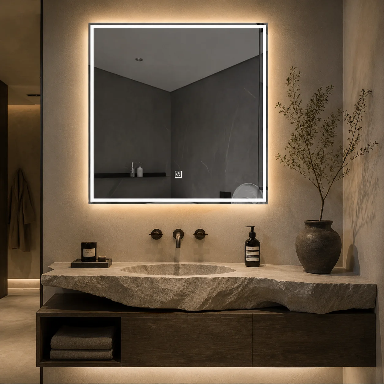 Bathroom Mirror Led - กระจกห้องน้ำขนาด 60 ซม. พร้อมไฟ LED กระจกแต่งหน้าแบบติดผนังทรงสี่เหลี่ยมขนาด