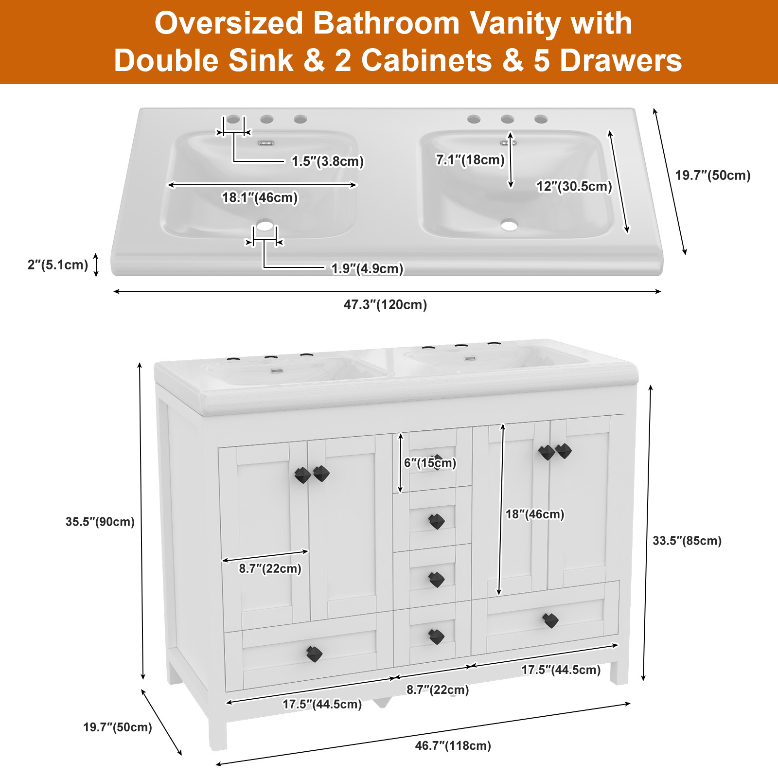 ตู้ห้องน้ำสีขาวขนาด 47.3 นิ้ว  - Home Bathroom Vanity Combo บทวิจารณ์และราคา